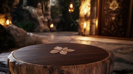 A polished dark wood podium with a carved leaf emblem on its surface in a dimly lit setting