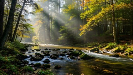 Sunbeams pierce through misty forest canopy illuminating a tranquil flowing stream.