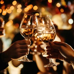 Cinematic close-up of multiple people clinking wine glasses within a lavish dim-lit lounge. Background musicians are softly blurred under golden and red stage lights.