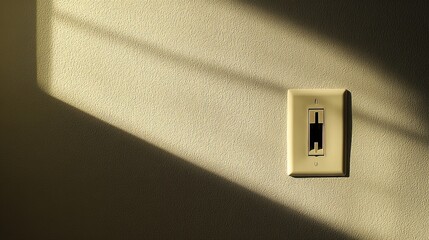 A power outlet plate with a single switch is mounted on a textured wall casting diagonal shadows from an unseen light source