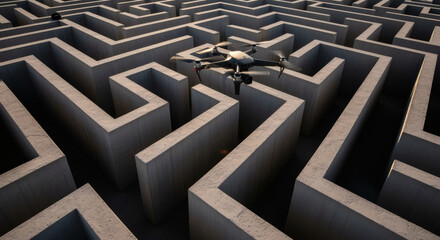 A drone navigates a complex concrete labyrinth, its propellers whirring as it seeks a path amidst the high walls