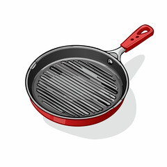 Red Frying Pan with Grill Grates and Handle on White Background
