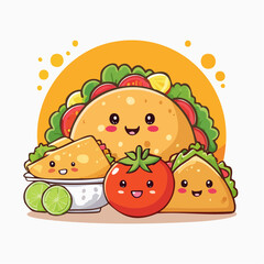 A cartoon illustration of tacos with smiling faces, fresh vegetables, and fruits, presented on a white background with a vibrant orange circle.