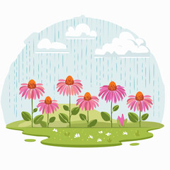 Serene landscape with flowers swaying in the rain under a cloudy sky