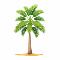A single palm tree stands alone on a sandy beach, viewed from the front, in a serene illustration.