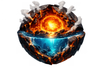 Core of a planet with lava, ocean, and smoking rocks, showing geology and internal structure, transparent background