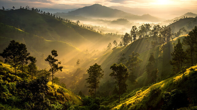 Misty Mountain Valley with Sunbeams at Sunrise Keywords: mountain, valley, mist, fog, sunbeams - Powered by Adobe