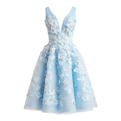 Blue dress with white floral appliques, V-neck, short skirt