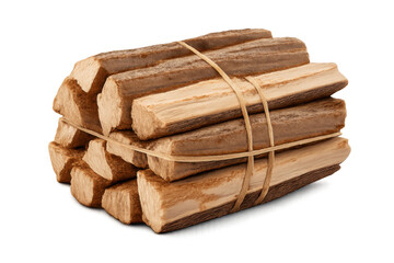 Bundled firewood logs tied for kindling, natural wood fuel for heating and camping, transparent background
