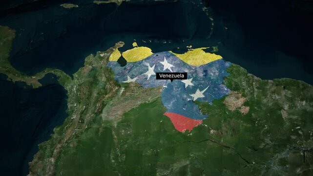 Animation showing geography and location of Venezuela and United States on satellite map of Americas
