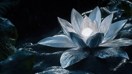 A sculpted metallic lotus flower with delicate petals gently unfurling in a dark serene environment illuminated by soft light