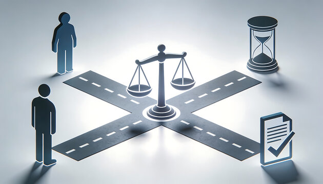 Ethical decision making and justice concept featuring scales of balance at a crossroad with paper document and hourglass icons for law compliance and corporate responsibility