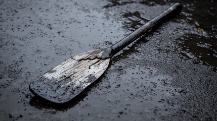 A single cracked and splintered wooden oar rests on a wet dark surface