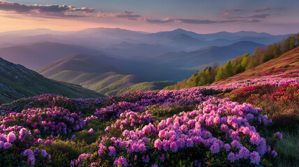 Fototapeta premium Mountain Slope Covered in Pink Rhododendrons at Dusk