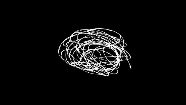 Abstract white tangled line drawing on black background representing complexity confusion and brainstorming concepts for creative motion graphics and artistic cinematic video projects.
