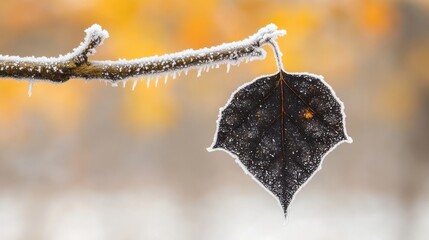 A single dark leaf covered in frost clings to a frosted branch in a winter landscape with a blurred yellow background
