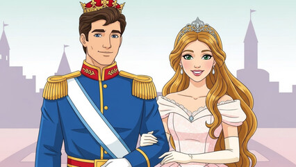 A handsome prince wearing a blue uniform with a golden crown stands proudly beside his beautiful princess, both smiling sweetly.