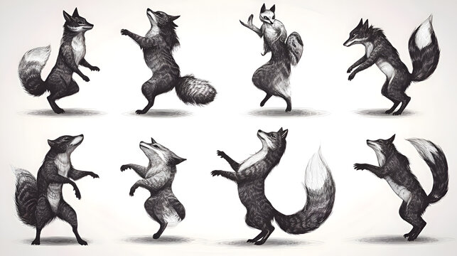 Foxes dancing and performing various poses in a playful manner on a plain background with a sketchy black and white style