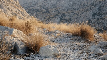 A rocky arid desert landscape with sparse dried vegetation and shrubs under sunlight