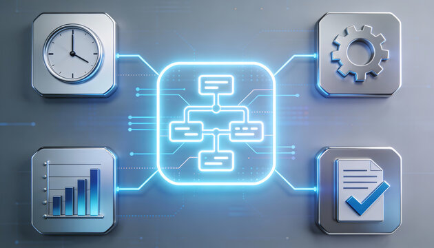 AI automation flowchart concept showing digital logic icons for data processing project management time efficiency and corporate workflow optimization in a clean futuristic interface - Powered by Adobe