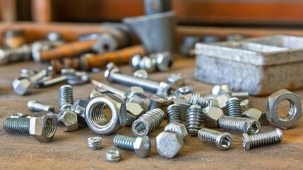 A scattered pile of metal nuts and bolts of various sizes and shapes on a wooden surface with tools in the background