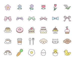 かわいいアイコンセットのベクターイラスト。飾り、花、お菓子、リボン、犬、ひよこ © chie