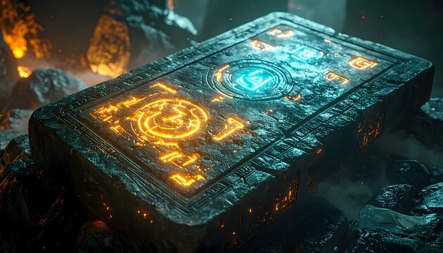 Ancient Stone Tablet with Glowing Symbols, Fantasy Artifact