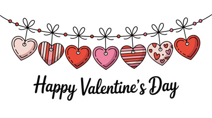 Seven charming hand drawn red and pink hearts hang on a string above a Happy Valentines Day greeting