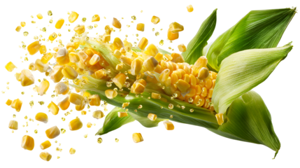 Fresh corn kernels flying off the cob, yellow sweet corn on a white background, healthy food and nutrition concept with vibrant green and yellow colors