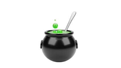 Halloween Witch's Cauldron with Green Potion and Bubbles