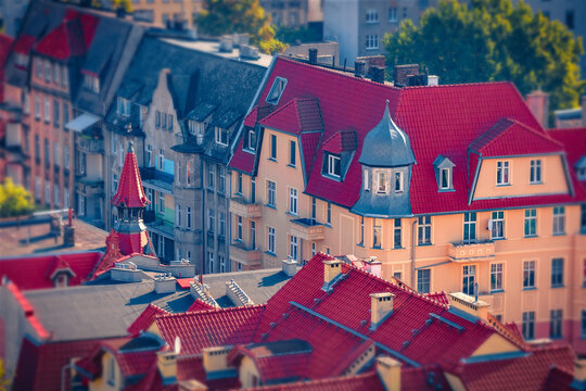 Aerial summer cityscape of Grudziadz town, Poland, Europe. Fabulous morning view of old colorful building of Grudziadz. Traveling concept background.
