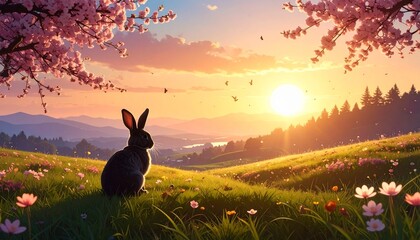 Silhouette of a rabbit combined with a vibrant spring meadow and blooming cherry blossoms easter 