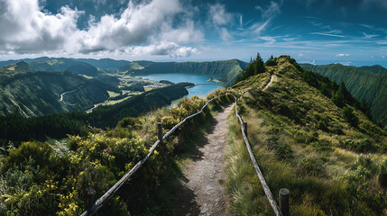 Scenic mountain path overlooking a volcanic lake and village