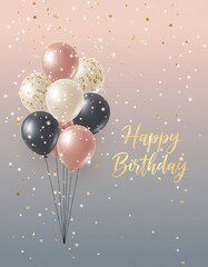 Happy Birthday card with luxury balloons bouquet in rose gold black and white, star shaped balloons and golden confetti on soft pastel background with copy space