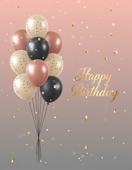 Happy Birthday card with luxury balloons bouquet in rose gold black and white, star shaped balloons and golden confetti on soft pastel background with copy space