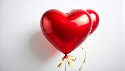 Red heart shaped balloons with gold ribbon on white background