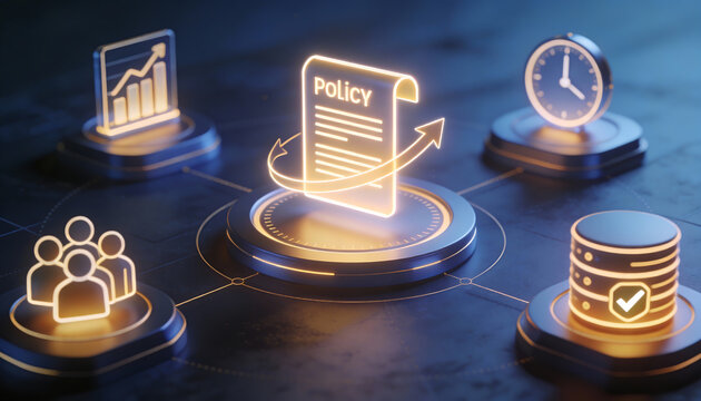 3D digital illustration of a glowing corporate policy document icon surrounded by human resources data analytics server storage and time management symbols for business governance - Powered by Adobe