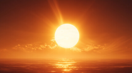 Fototapeta premium 海の向こうに見える大きな太陽の夕日のアップ写真