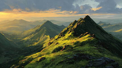 Sharp Mountain Ridges Illuminated by Golden Hour Light Keywords: mountain, ridge, sharp, peaks