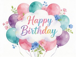Watercolor Happy Birthday greeting card set with pastel balloons, floral elements and hand lettering, festive party invitation design, soft colorful illustration