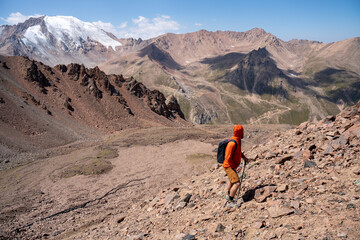 High altitude mountain landscape in August. Majestic peaks and glaciers of Trans-Ili Alatau at 3000 meters above sea level, Almaty, Kazakhstan.