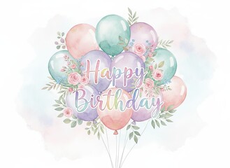 pastel happy birthday greeting card with watercolor balloons and flowers wreath, cute festive frame design, kids party invitation illustration on white background