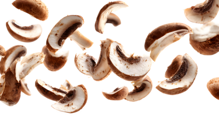 Sliced brown mushrooms falling in air with gills visible, earthy tones on white background, culinary ingredients floating with food and healthy