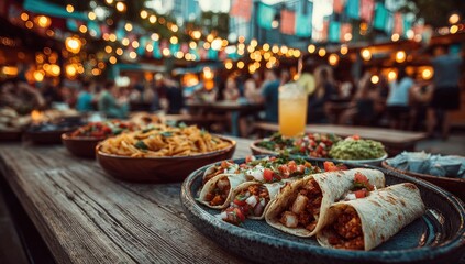 Colorful outdoor dining scene featuring delicious tacos, vibrant garnishes, and festive lights creating a lively atmosphere for social gatherings and culinary enjoyment