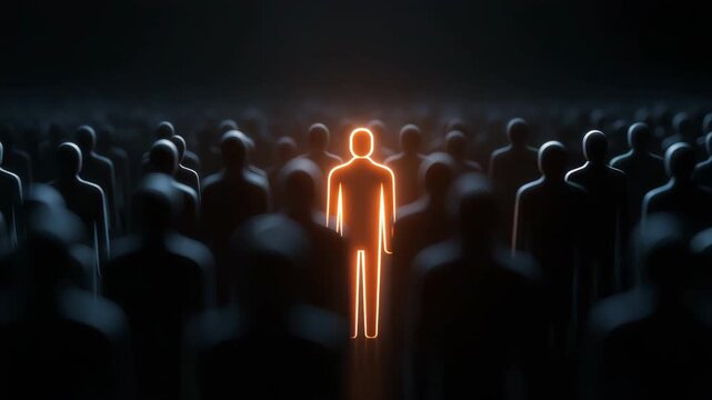 Single glowing human figure standing out among a vast crowd of dark silhouettes, leadership