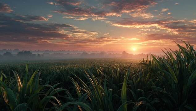 Lush green cornfield under a vibrant sunrise, with mist hovering above the ground, creating a serene and tranquil rural landscape at dawn, showcasing nature's beauty