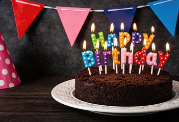 chocolate birthday cake with lit happy birthday letter candles on plate, festive party decoration with bunting flags, celebration dessert and greeting concept