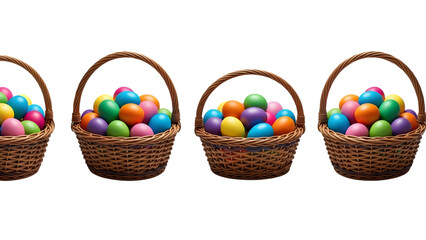 Four wicker baskets filled with colorful easter eggs isolated on transparent background