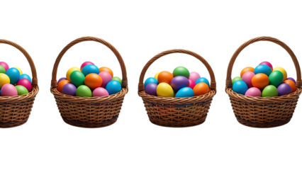 Four wicker baskets filled with colorful easter eggs isolated on transparent background