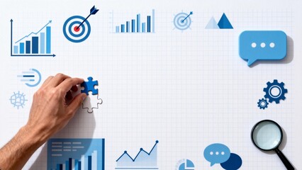 Hand placing puzzle piece on business data chart